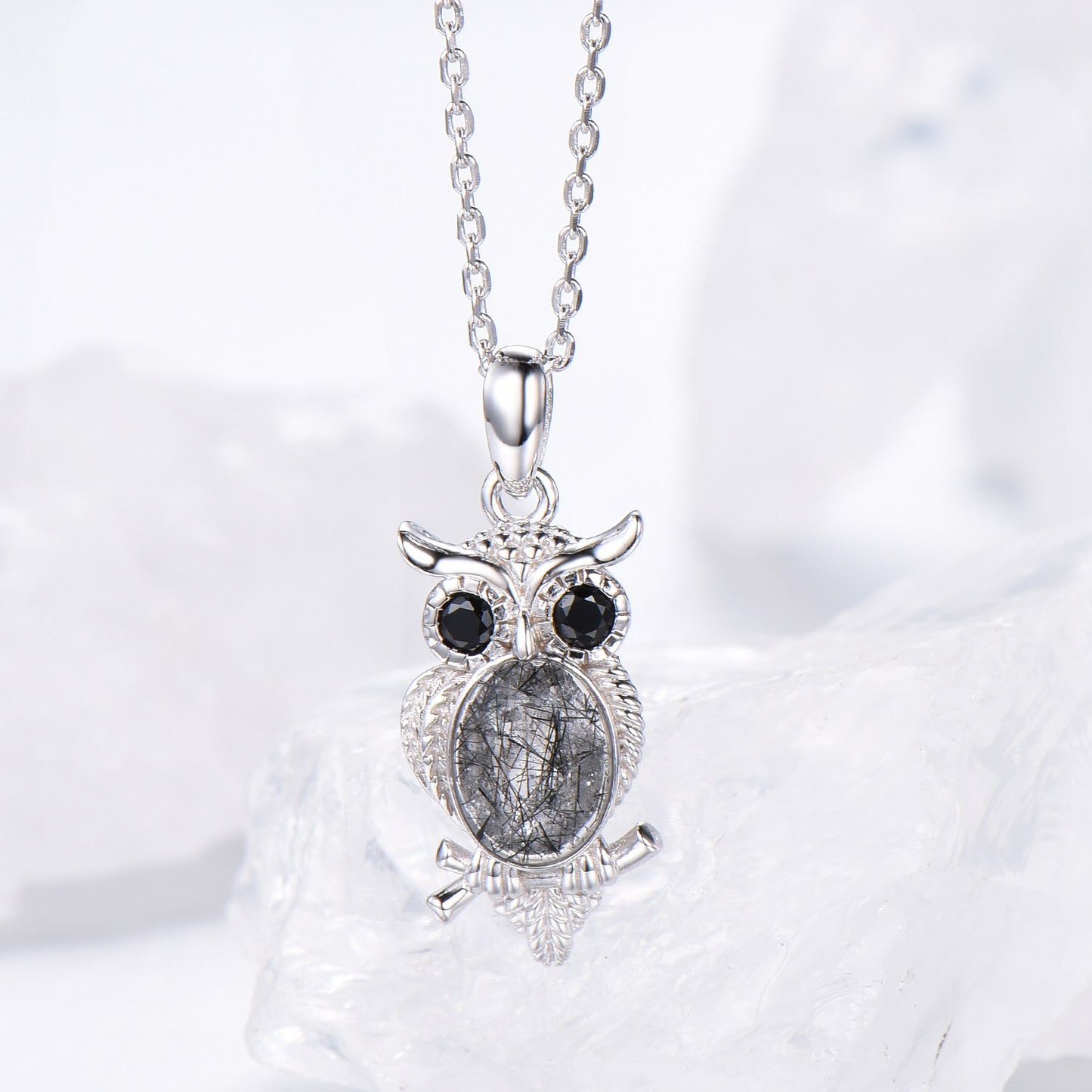 Personalized Owl Pendant Necklace Unique Black Rutilated Quartz Necklace Silver rose gold Pendant Night Cute Owl Animal Inspired Necklace - PENFINE