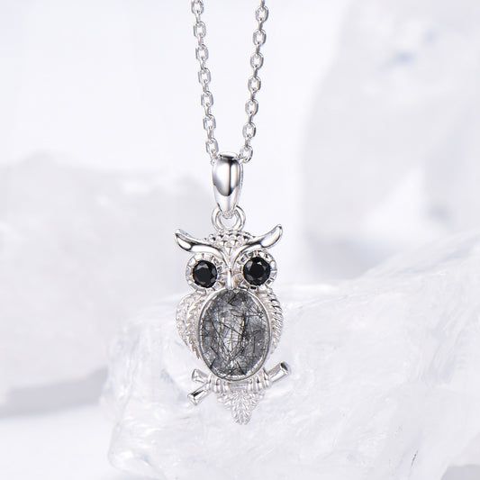 Personalized Owl Pendant Necklace Unique Black Rutilated Quartz Necklace Silver rose gold Pendant Night Cute Owl Animal Inspired Necklace - PENFINE