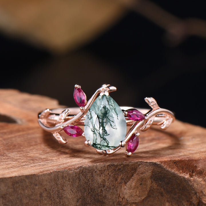 Nature Inspired Moss Agate Ring Leaf Marquise Cut Ruby Ring - PENFINE