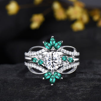Unique 1CT Brilliant Moissanite Wedding Ring Set, Snowdrift Moissanite Emerald Engagement Ring Set