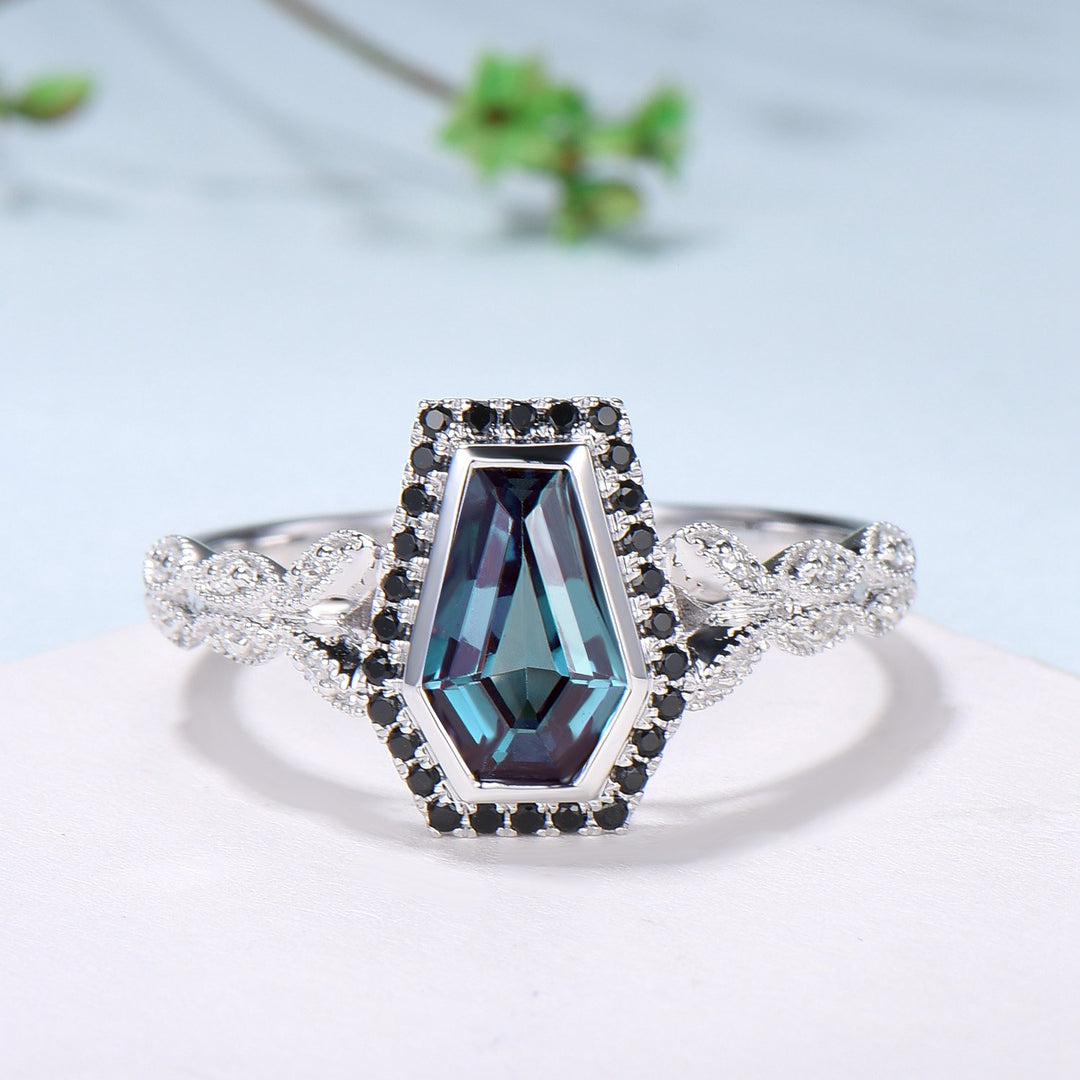 Unique Coffin shaped Alexandrite engagement ring Halo Black