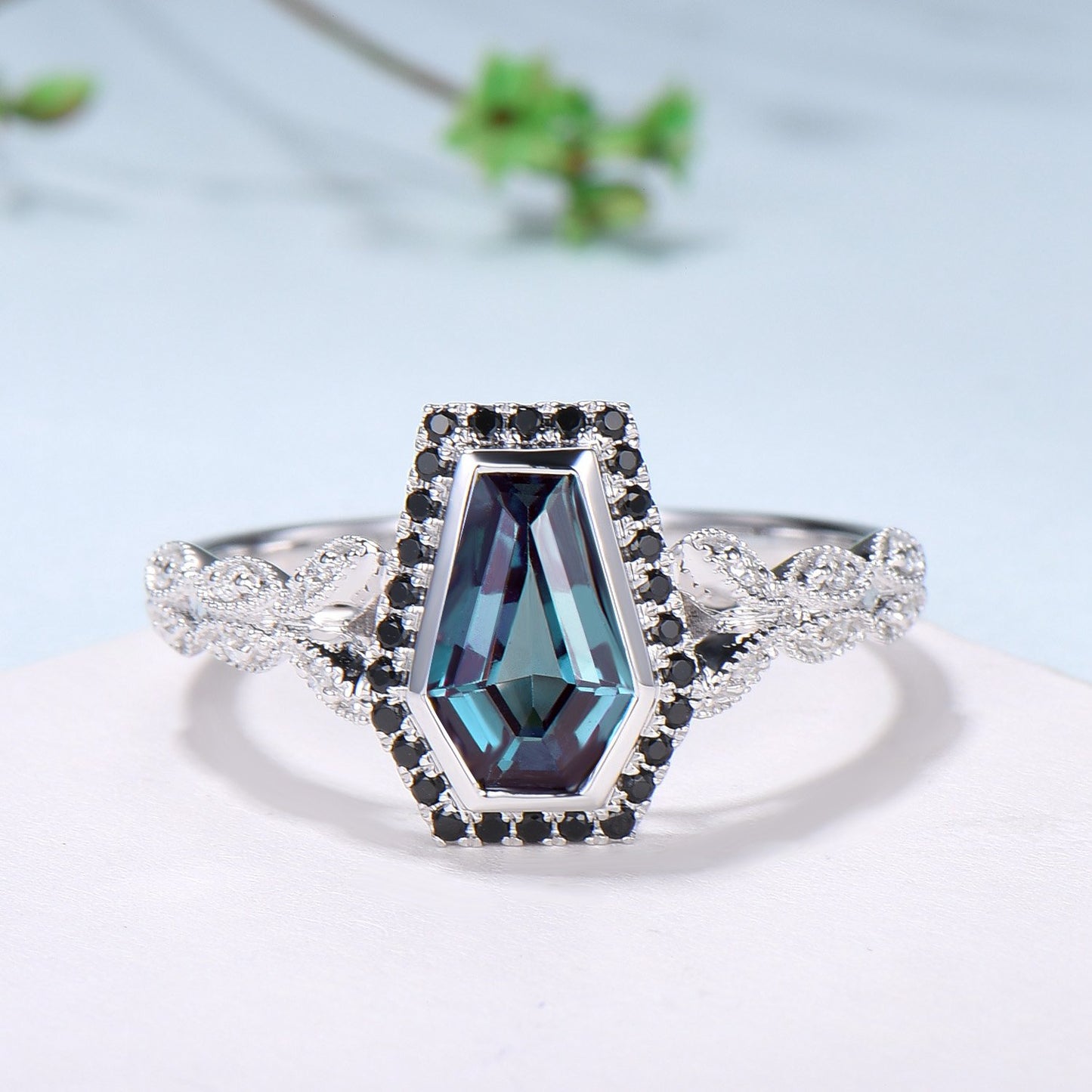 Unique Coffin shaped Alexandrite engagement ring Halo Black diamond retro wedding ring Gothic Limited  Color Change split shank promise Ring - PENFINE