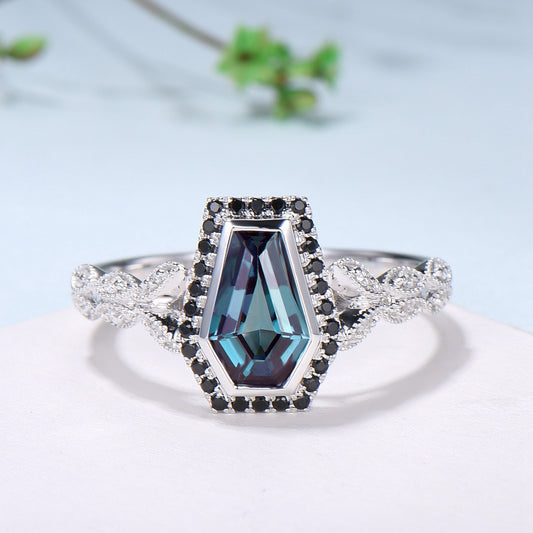 Unique Coffin shaped Alexandrite engagement ring Halo Black diamond retro wedding ring Gothic Limited  Color Change split shank promise Ring - PENFINE