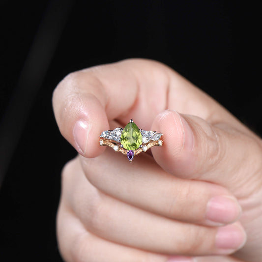 Pear Cut Peridot Engagement Ring Set Nature Inspired Gold Leaf Twig Bridal Set