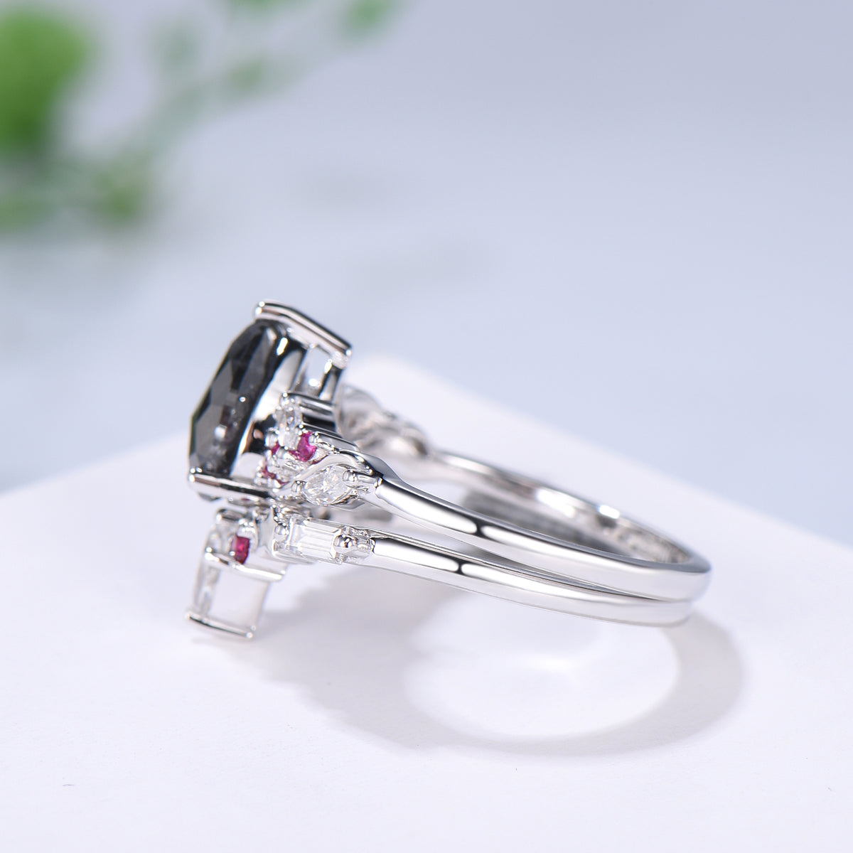 Pear Cut Salt and Pepper Diamond Engagement Ring Set with Ruby Accents & Moon Star Matching Band