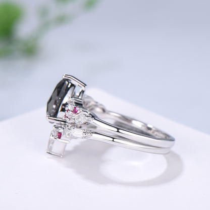 Pear Cut Salt and Pepper Diamond Engagement Ring Set with Ruby Accents & Moon Star Matching Band