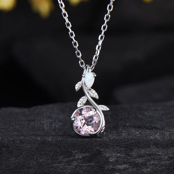 Elegant Pink Morganite Necklace Pendant, 5mm Round Cut Pink Gemstone Moon Pendant, Leaf Vine Natural Inspired Anniversary Gift for Her