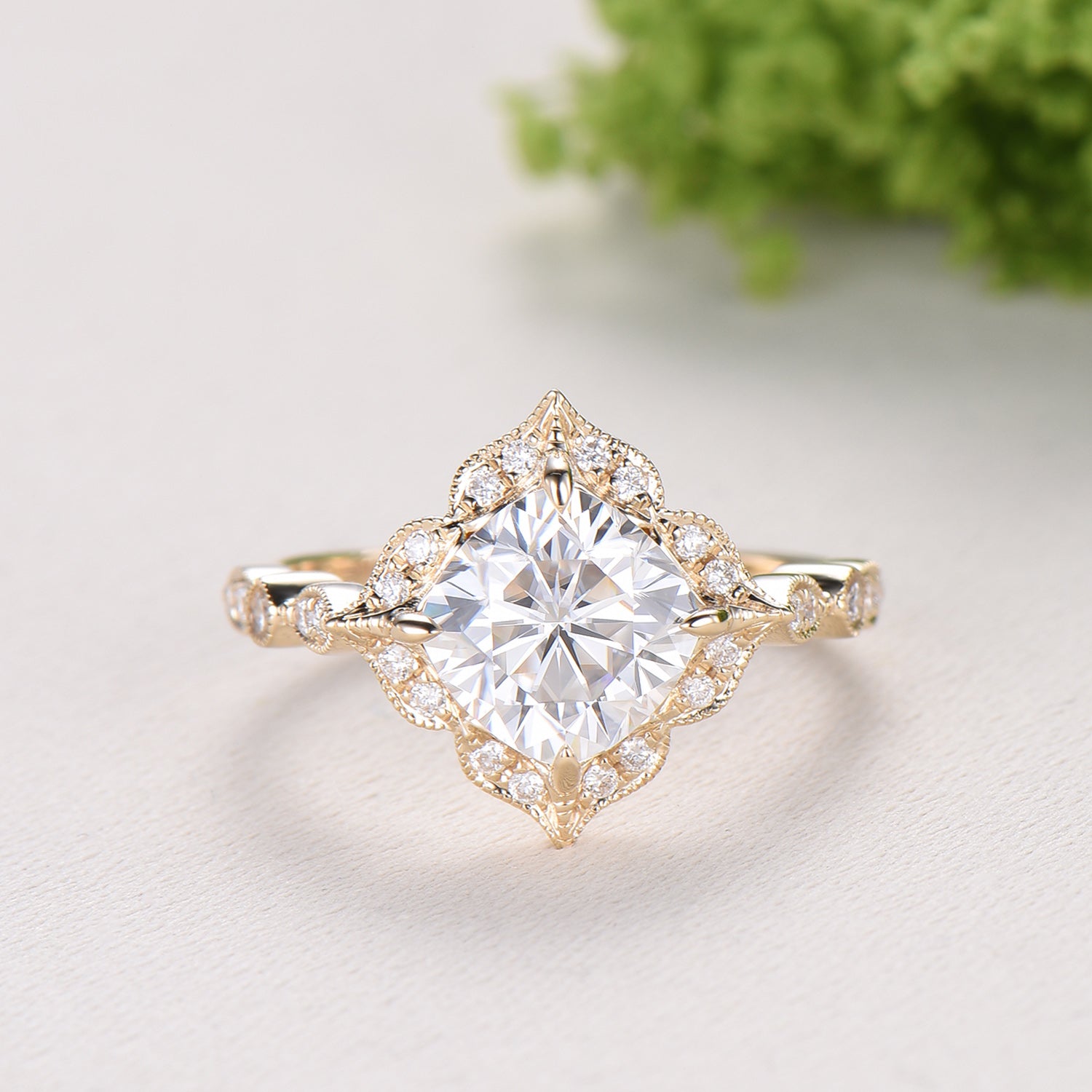 Art Deco Cushion Cut Moissanite Engagement Ring, 14K Yellow Gold Milgrain Marqusie Diamond Band - PENFINE