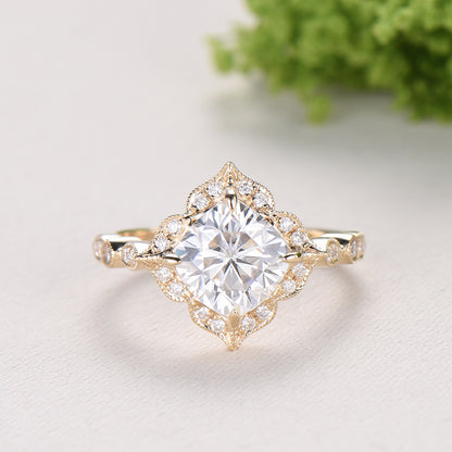 Art Deco Cushion Cut Moissanite Engagement Ring, 14K Yellow Gold Milgrain Marqusie Diamond Band - PENFINE