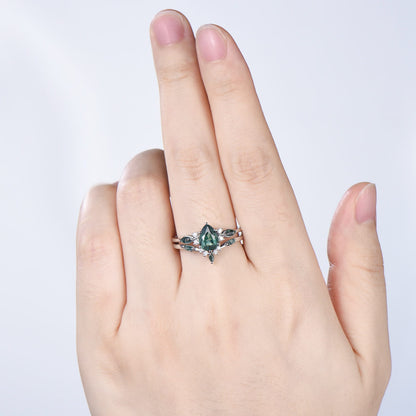 Vintage Pear Shaped Green Teal Sapphire Engagement Ring Set Unique 14k Rose Gold Vine Moss Agate Bridal Set Anniversary Promise Ring Gift