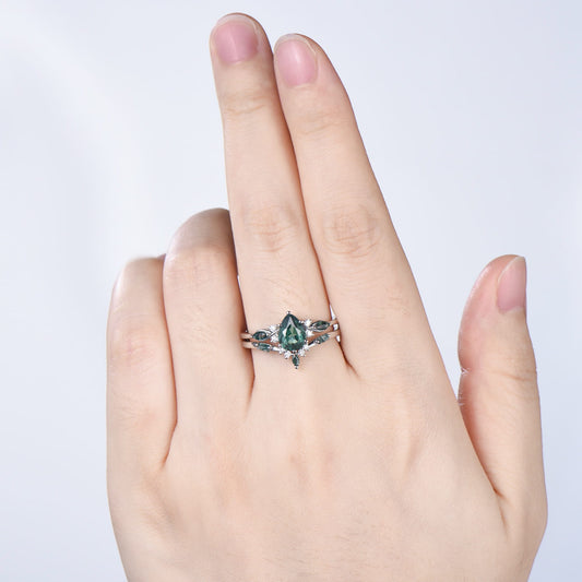 Vintage Pear Shaped Green Teal Sapphire Engagement Ring Set Unique 14k Rose Gold Vine Moss Agate Bridal Set Anniversary Promise Ring Gift