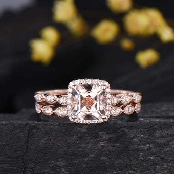 Cushion Cut Natural Morganite Engagement Ring Diamond Halo Bridal Set
