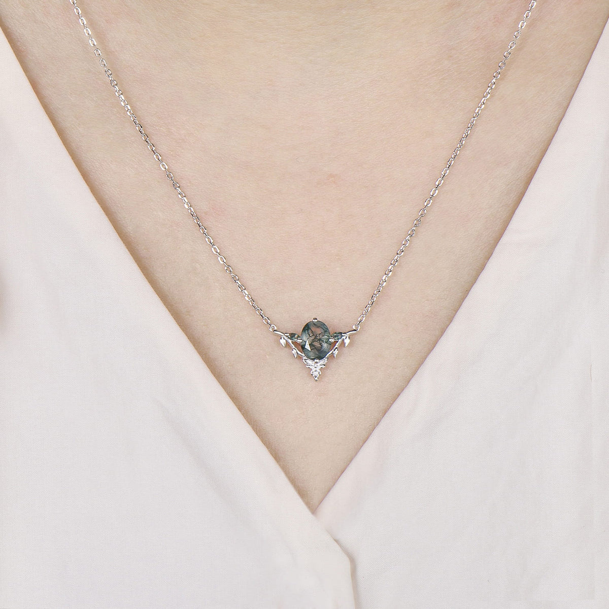 Moss Agate Leaf Vine Pendant Necklace, Nature Inspired