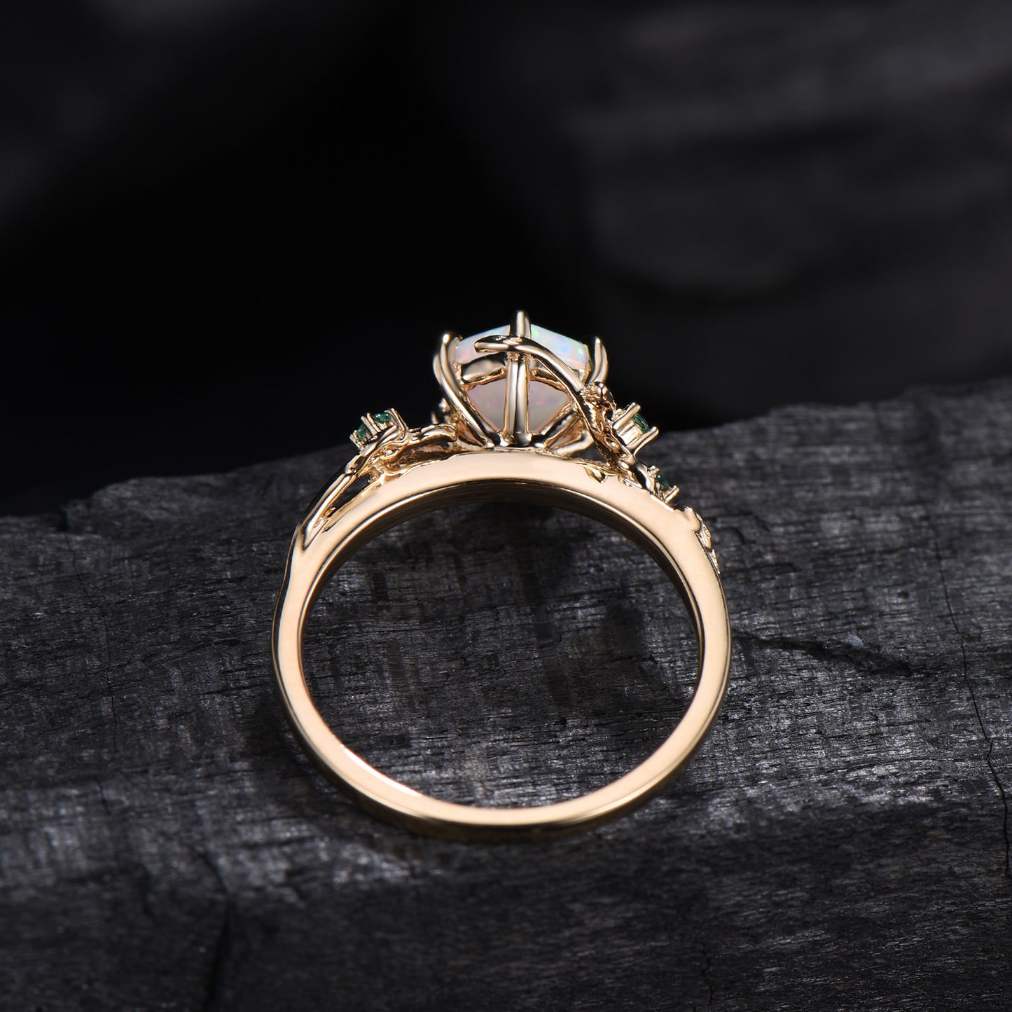 Hexagon Cut Opal Ring for women Vintage White Opal Engagement Ring Unique Nature Inspired Bridal Ring Leaf Vine emerald Wedding Bridal Ring