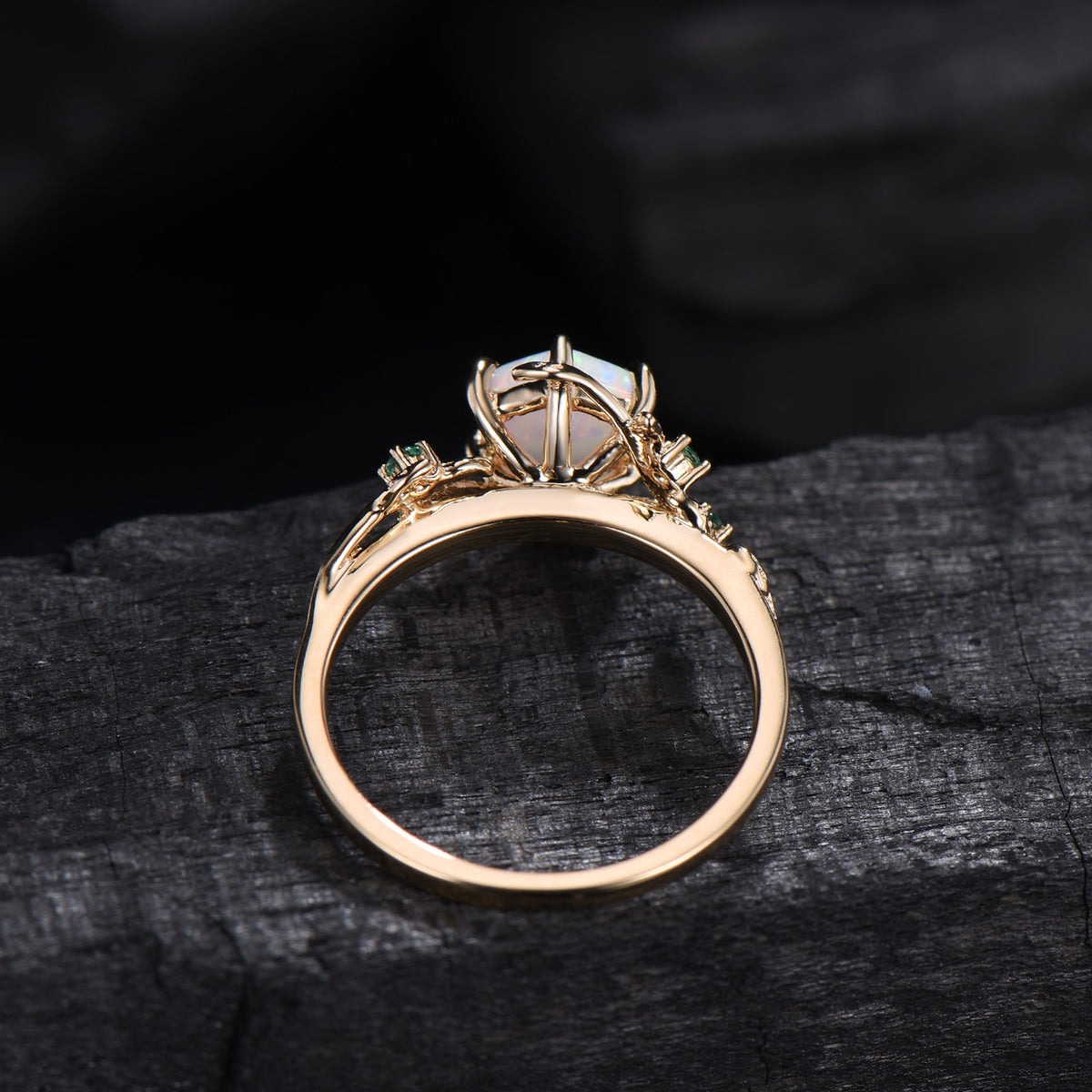 Hexagon Cut Opal Ring for women Vintage White Opal Engagement Ring Unique Nature Inspired Bridal Ring Leaf Vine emerald Wedding Bridal Ring
