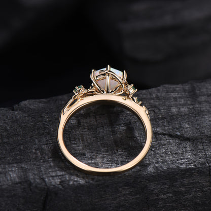Hexagon Cut Opal Ring for women Vintage White Opal Engagement Ring Unique Nature Inspired Bridal Ring Leaf Vine emerald Wedding Bridal Ring