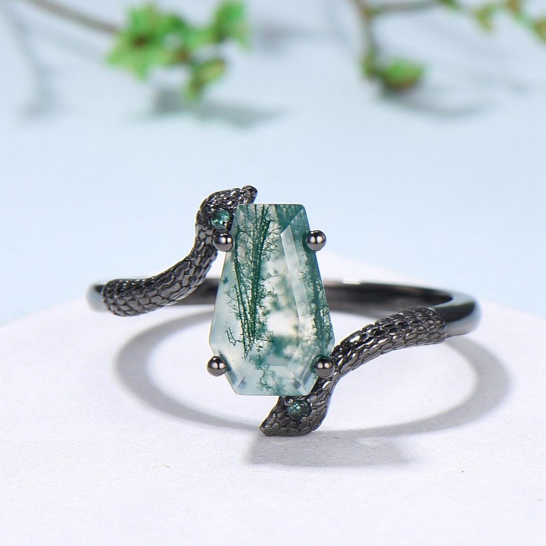 Unique Snake green moss agate engagement ring cold-blooded coffin shaped green stone three stone wedding ring women anniversary promise gift - PENFINE
