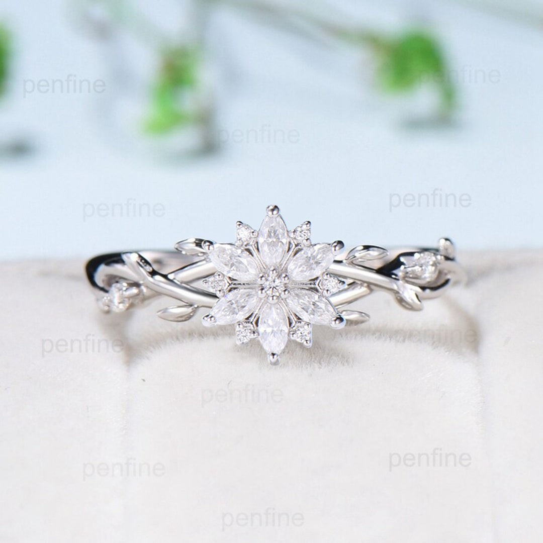 Elegant Snowflake Marquise Moissanite Diamond Ring with Twisted Branch Band - PENFINE