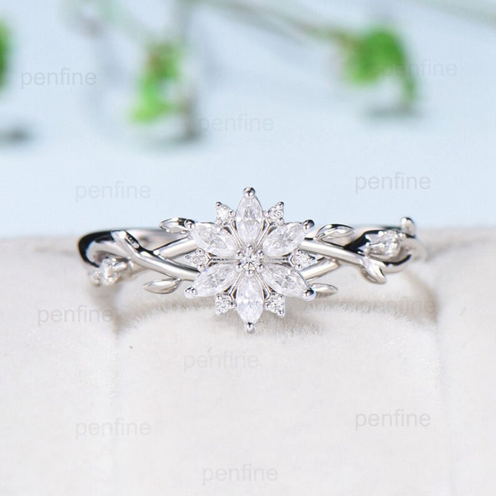 Elegant Snowflake Marquise Moissanite Diamond Ring with Twisted Branch Band - PENFINE