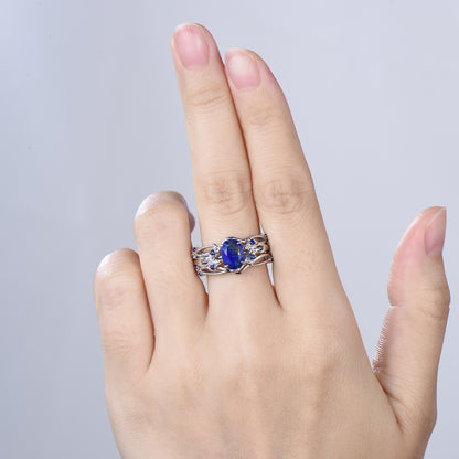 Nature Inspired Lapis Lazuli Wedding Ring Set Elegant Twig Engagement Ring Cluster Sapphire Branch Promise Ring Blue Stone Anniversary Ring - PENFINE