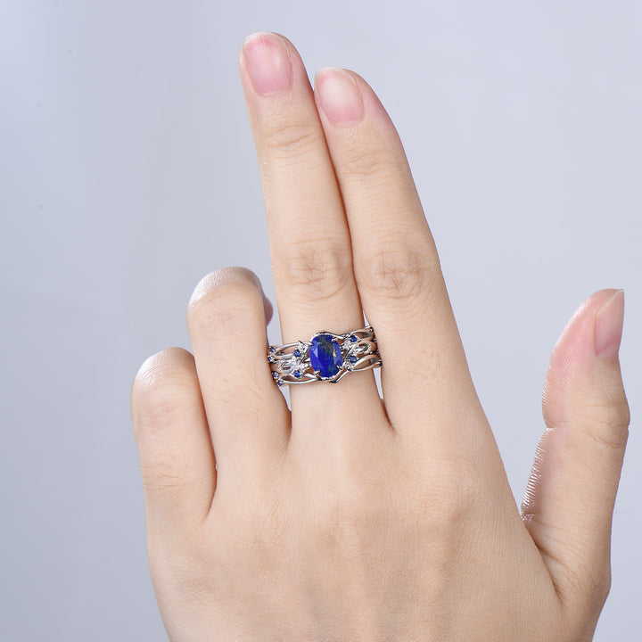 Nature Inspired Lapis Lazuli Wedding Ring Set Elegant Twig Engagement Ring Cluster Sapphire Branch Promise Ring Blue Stone Anniversary Ring - PENFINE