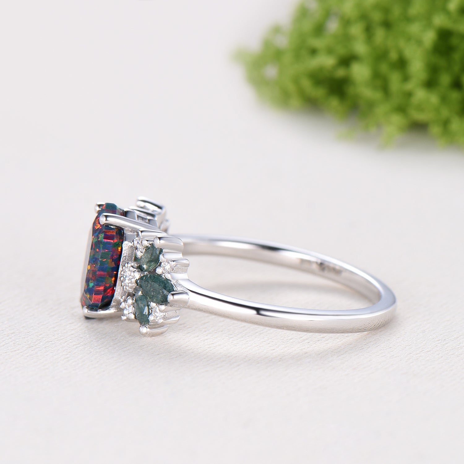Vintage Art Deco Hexagon Cut Black Opal Engagement Ring, Moss Agate Accents