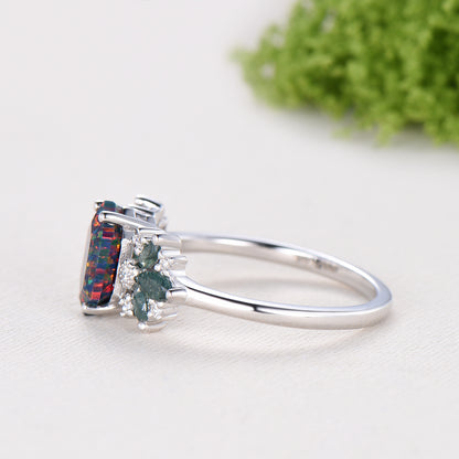 Vintage Art Deco Hexagon Cut Black Opal Engagement Ring, Moss Agate Accents