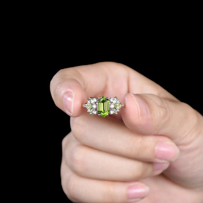 Vintage Art Deco Peridot Engagement Ring, Marquise Moissanite Accent