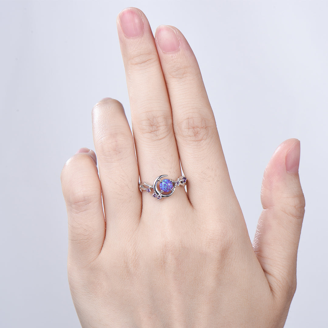 Dainty star purple opal ring 5mm round fire opal moon engagement ring elegant art deco wedding ring for women unique handmade proposal gift - PENFINE