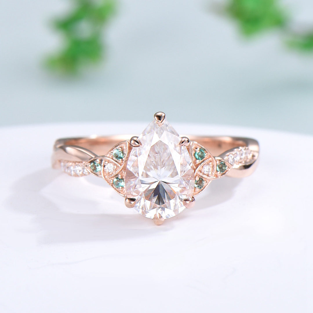 Unique Pear Moissanite Wedding Ring Set Celtic Knot 14K/18K White Gold Infinity Split Shank Moissanite Engagement Ring Emerald Bridal Sets