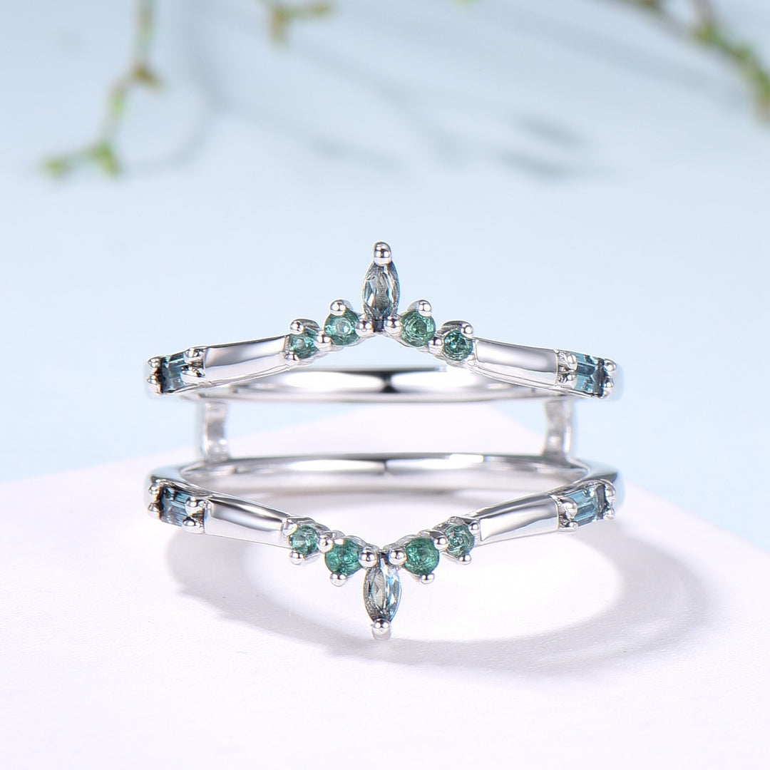 Double Curved Alexandrite Emerald Wedding Band Sterling Silver Contour Enhancer Stacking Marquise Baguette Matching Band Anniversary Gifts - PENFINE