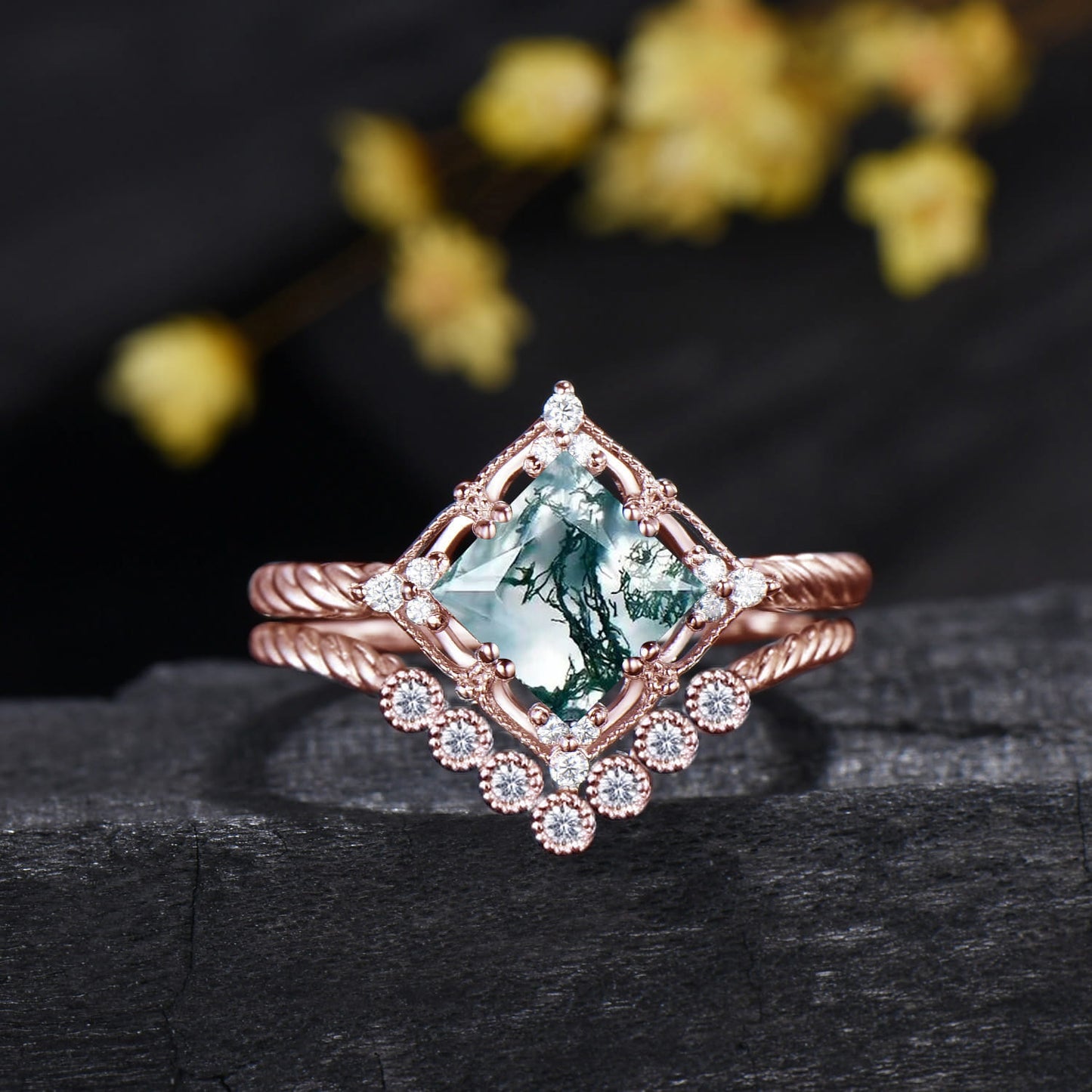 Princess Cut Natural Moss Agate Bridal Ring Set Diamond Twisted  Engagement Ring