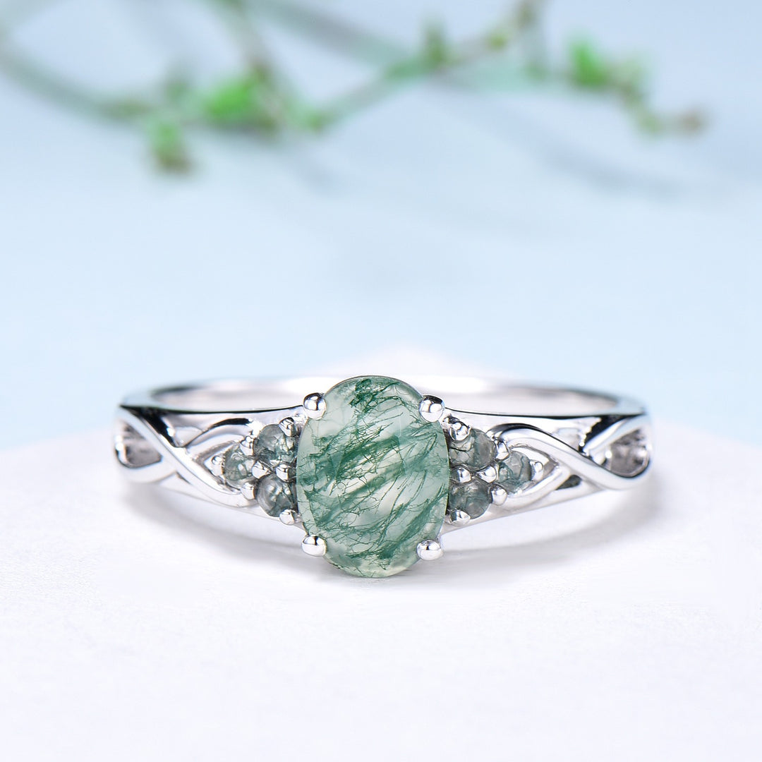 Celtic Knot Oval Natural Moss Agate Engagement Ring Solid 14K/18K White Gold Unique Infinity Ring Cluster Wedding Ring Anniversary gifts - PENFINE