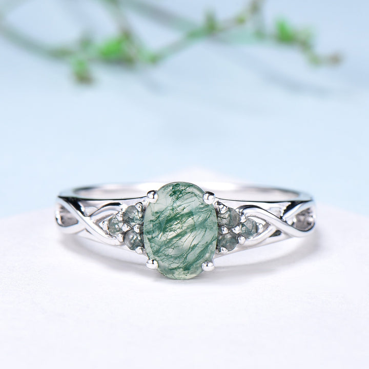 Celtic Knot Oval Natural Moss Agate Engagement Ring Solid 14K/18K White Gold Unique Infinity Ring Cluster Wedding Ring Anniversary gifts - PENFINE