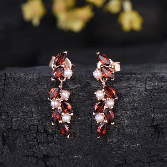Vintage Marquise Garnet Pearl Dangle Earrings Rose Gold