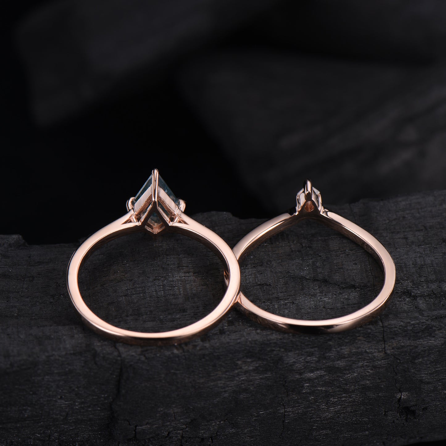 Vintage unique kite shaped green moss agate engagement ring set rose gold silver dainty princess cut moissanite bridal ring set for women