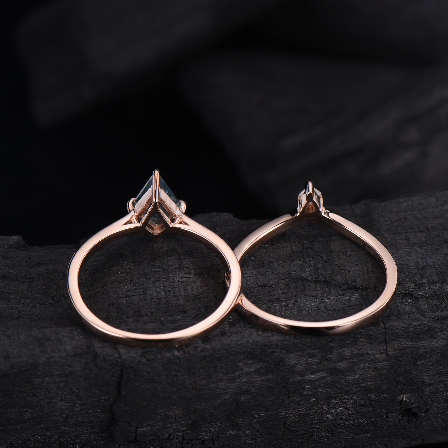 Vintage unique kite shaped green moss agate engagement ring set rose gold silver dainty princess cut moissanite bridal ring set for women