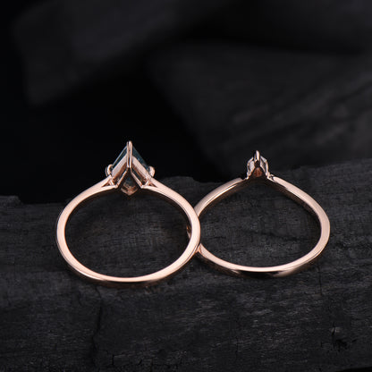 Vintage unique kite shaped green moss agate engagement ring set rose gold silver dainty princess cut moissanite bridal ring set for women