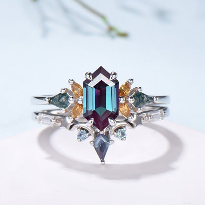 Vintage Elongated Hexagon Alexandrite Bridal Set with Citrine Moss Agate Cluster - PENFINE