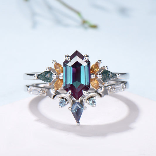 Vintage Elongated Hexagon Alexandrite Bridal Set with Citrine Moss Agate Cluster - PENFINE