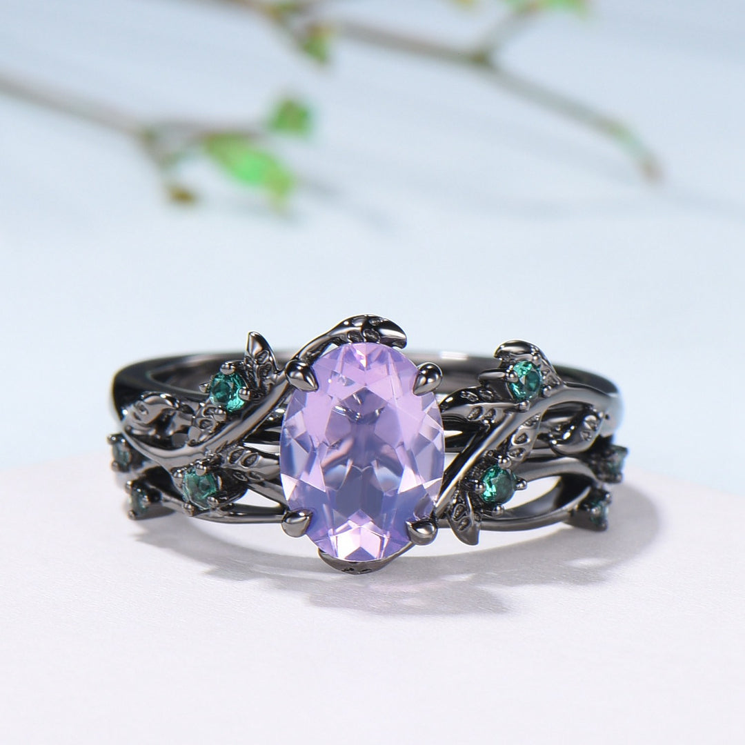 Gothic Oval Lavender Amethyst & Emerald Engagement Ring in Black Gold - Nature Inspired Elvish Vine Band - PENFINE