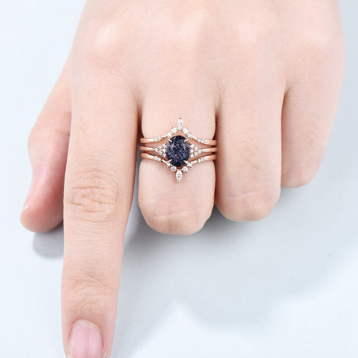 Unique Oval blue sandstone engagement ring set cluster moissanite  wedding ring set vintage double curved diamond stacking band for women - PENFINE