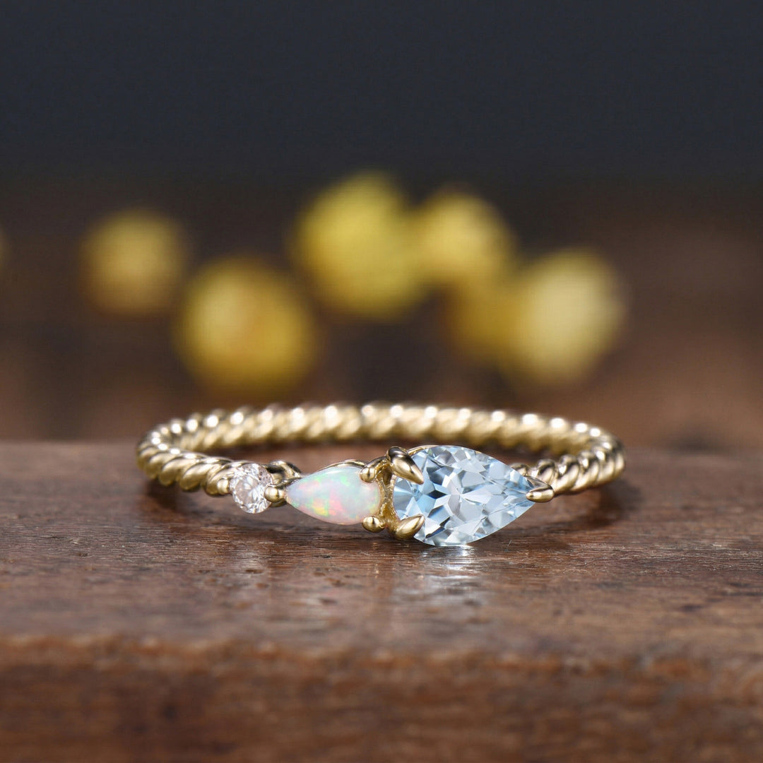 Pear Aquamarine Opal Toi et Moi Ring, Twisted Gold Band, Art Deco Engagement Birthstone