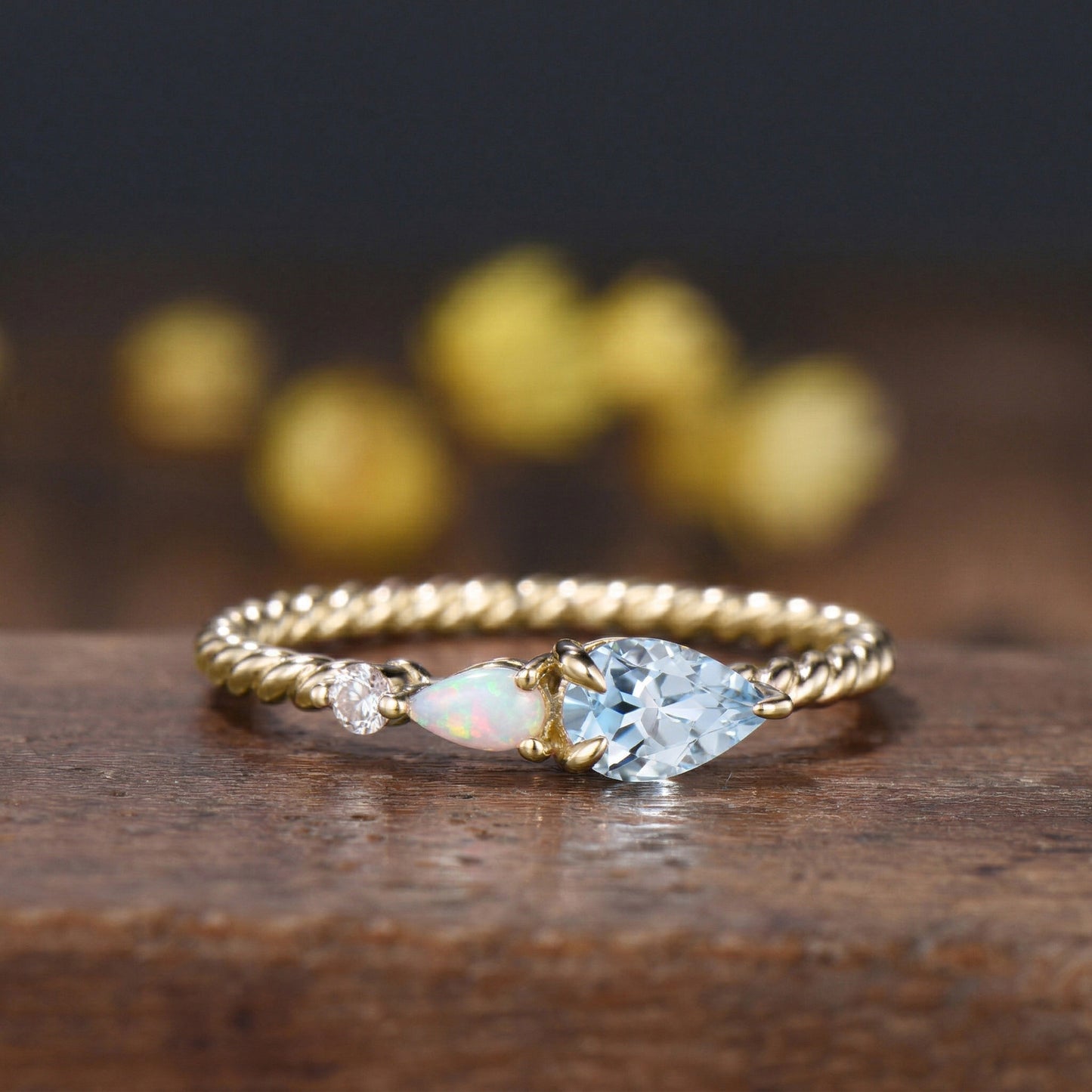 Pear Aquamarine Opal Toi et Moi Ring, Twisted Gold Band, Art Deco Engagement Birthstone