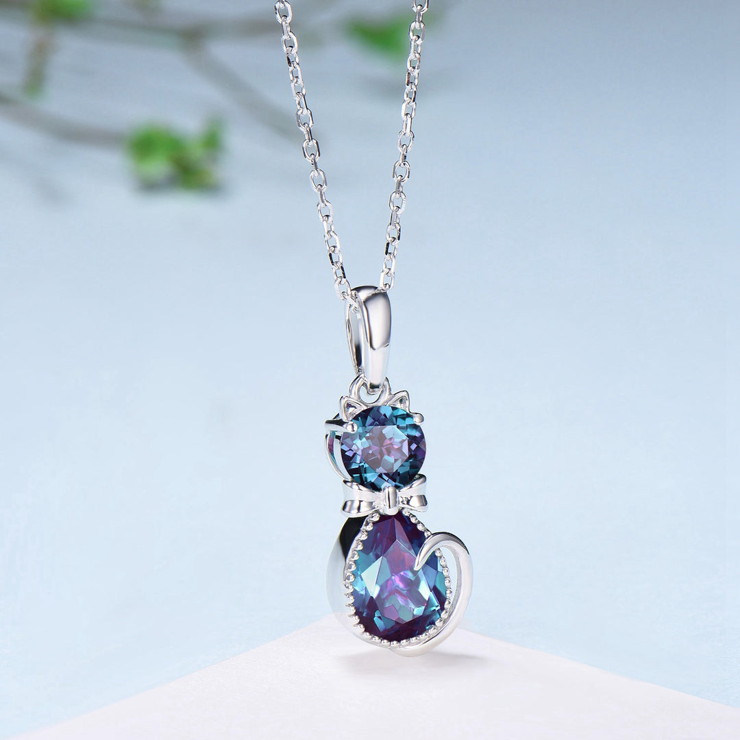 Dainty cat alexandrite necklace cute silver white gold bow-knot pendant necklace unique personalized Cat's Paw anniversary gift for daughter - PENFINE