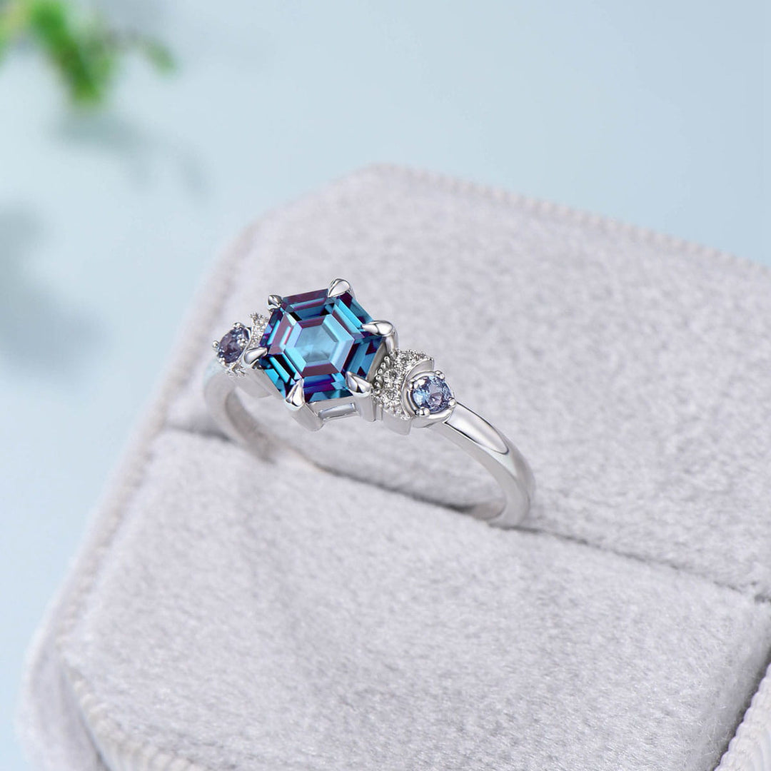 Unique hexagon alexandrite engagement ring Magic celestial moon color change engagement ring vintage crescent wedding ring gift for women - PENFINE