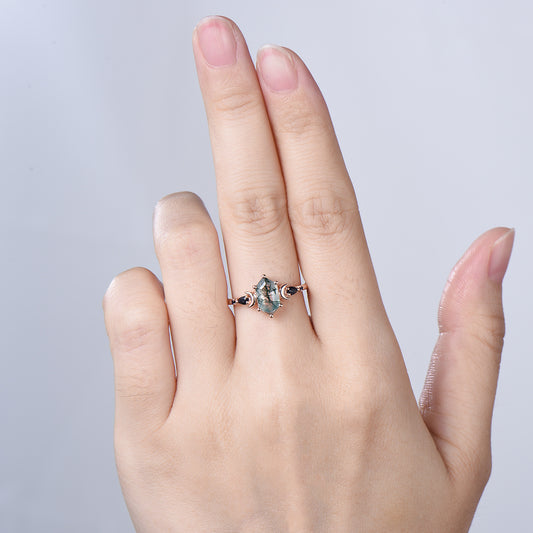 Long Hexagon Moss Agate Engagement Ring, Crescent Moon Blue Sandstone Band, Celestial Jewelry, Unique 14K Rose Gold Wedding Ring Set - PENFINE