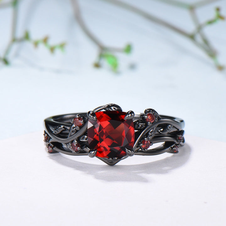 Unique gothic cushion cut garnet wedding ring set black gold natural inspired January birthstone engagement ring for women 2pcs bridal set - PENFINE
