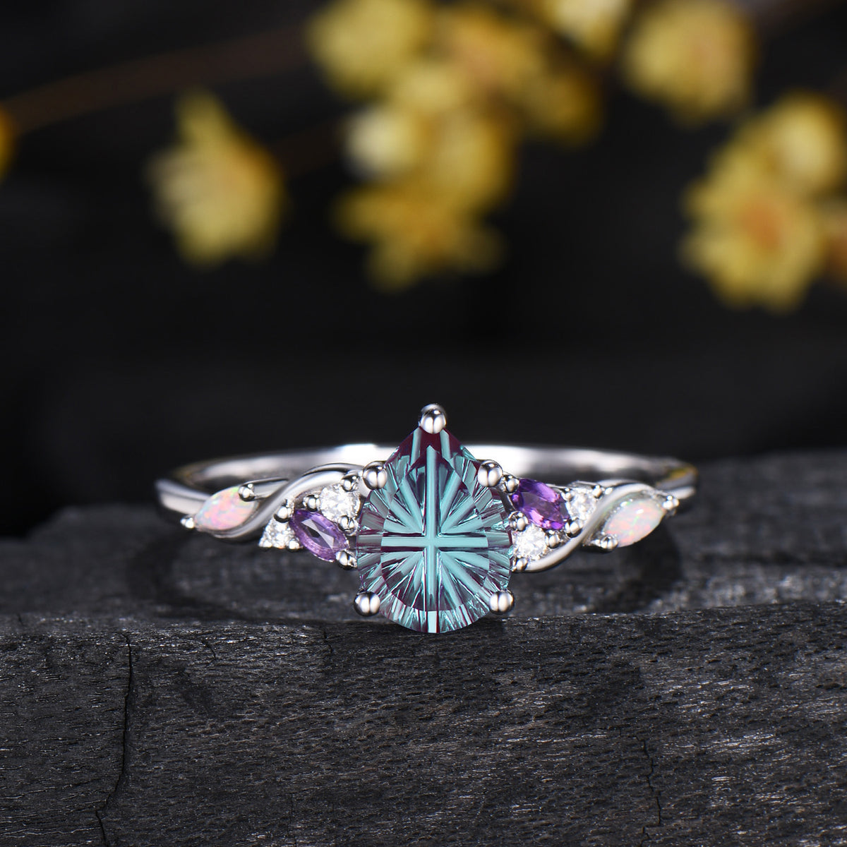 Unique Pear Shaped Fantasy Cut Color-change Alexandrite Engagement Ring Amethyst Opal Cluster Ring