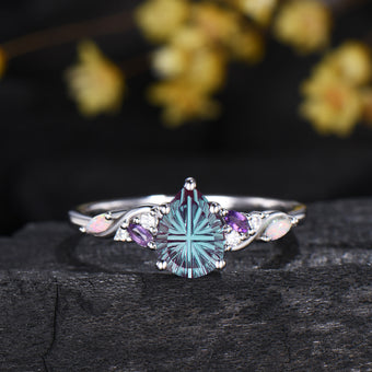 Unique Pear Shaped Fantasy Cut Color-change Alexandrite Engagement Ring Amethyst Opal Cluster Ring